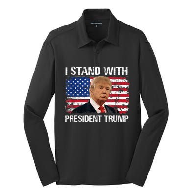 I Stand President Trump American Flag Silk Touch Performance Long Sleeve Polo