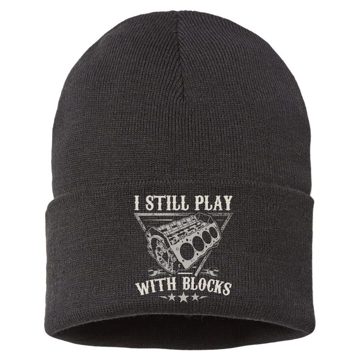 I Still Play With Blocks Car Mechanic Motor Engine Sustainable Knit Beanie