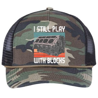 I Still Play With Blocks Maintenance Mechanic Motor Engine Retro Rope Trucker Hat Cap