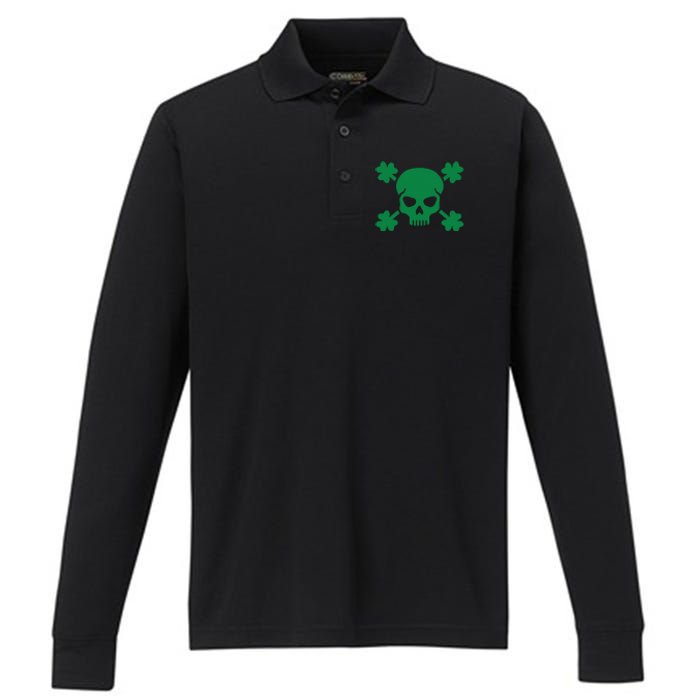 Irish Saint Patricks Day Skull And Crossbones Pirate Performance Long Sleeve Polo