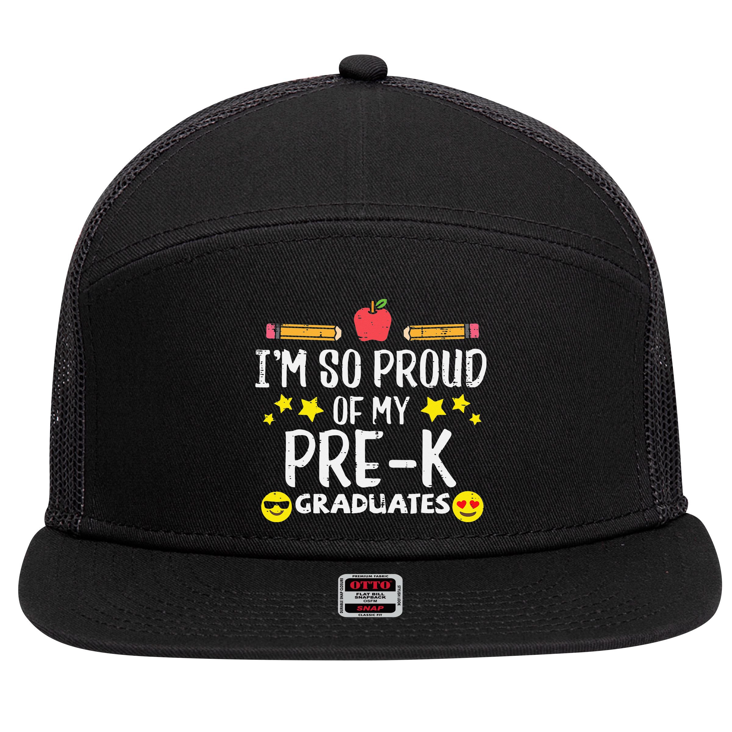 Im So Proud Of My Pre-K Graduates groovy Teacher 7 Panel Mesh Trucker Snapback Hat