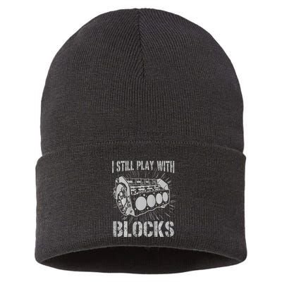 I Still Play With Blocks Funny Car Mechanic Car Engine Sustainable Knit Beanie