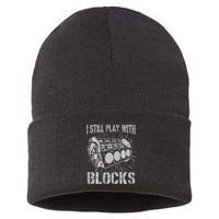 I Still Play With Blocks Funny Car Mechanic Car Engine Sustainable Knit Beanie