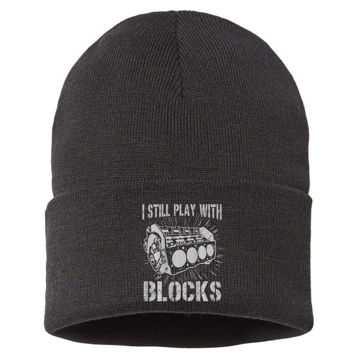 I Still Play With Blocks Funny Car Mechanic Car Engine Sustainable Knit Beanie