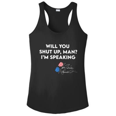 IM Speaking Quote With American Flag Mic Graphic Ladies PosiCharge Competitor Racerback Tank