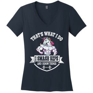 I Smash Reps Funny Unicorn Workout Training Women's V-Neck T-Shirt