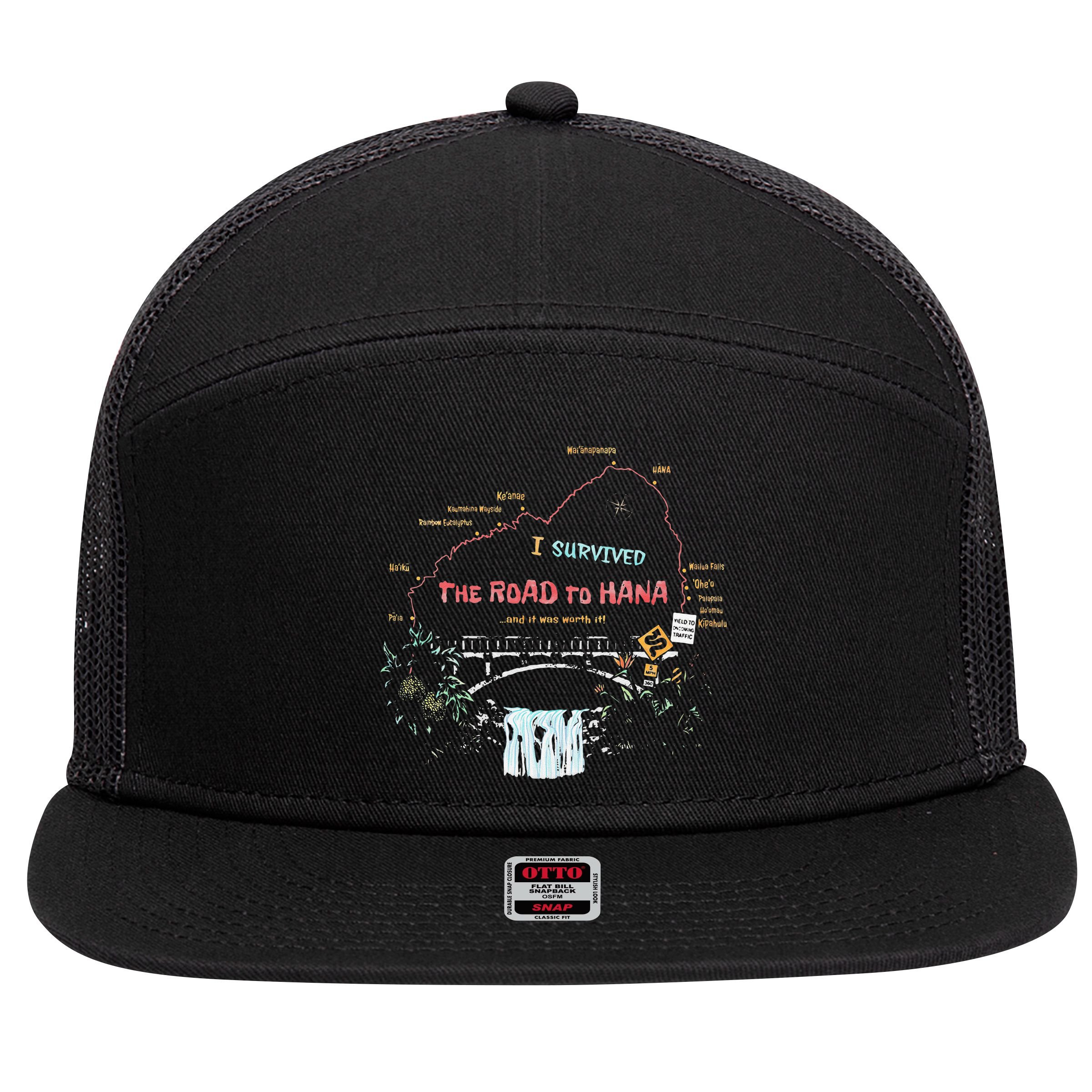 I Survived Road To Hana Maui Island Hawaiian Beach Summer 7 Panel Mesh Trucker Snapback Hat