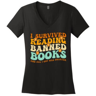 I Survived Reading Banned Books Book Lover Bookaholic Women's V-Neck T-Shirt