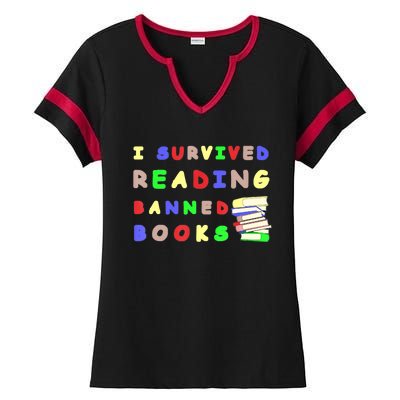 I Survived Reading Banned Books Teacher Librarian Bookworm Ladies Halftime Notch Neck Tee