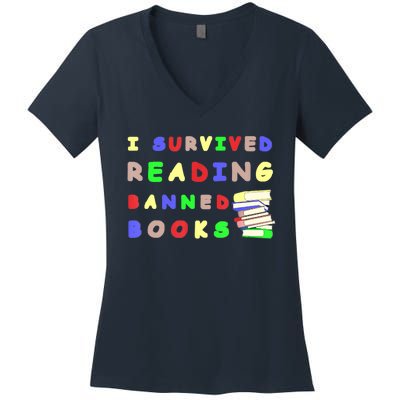 I Survived Reading Banned Books Teacher Librarian Bookworm Women's V-Neck T-Shirt