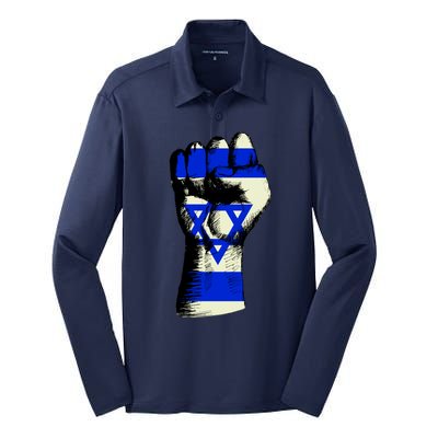 Israel Flag Fist Silk Touch Performance Long Sleeve Polo