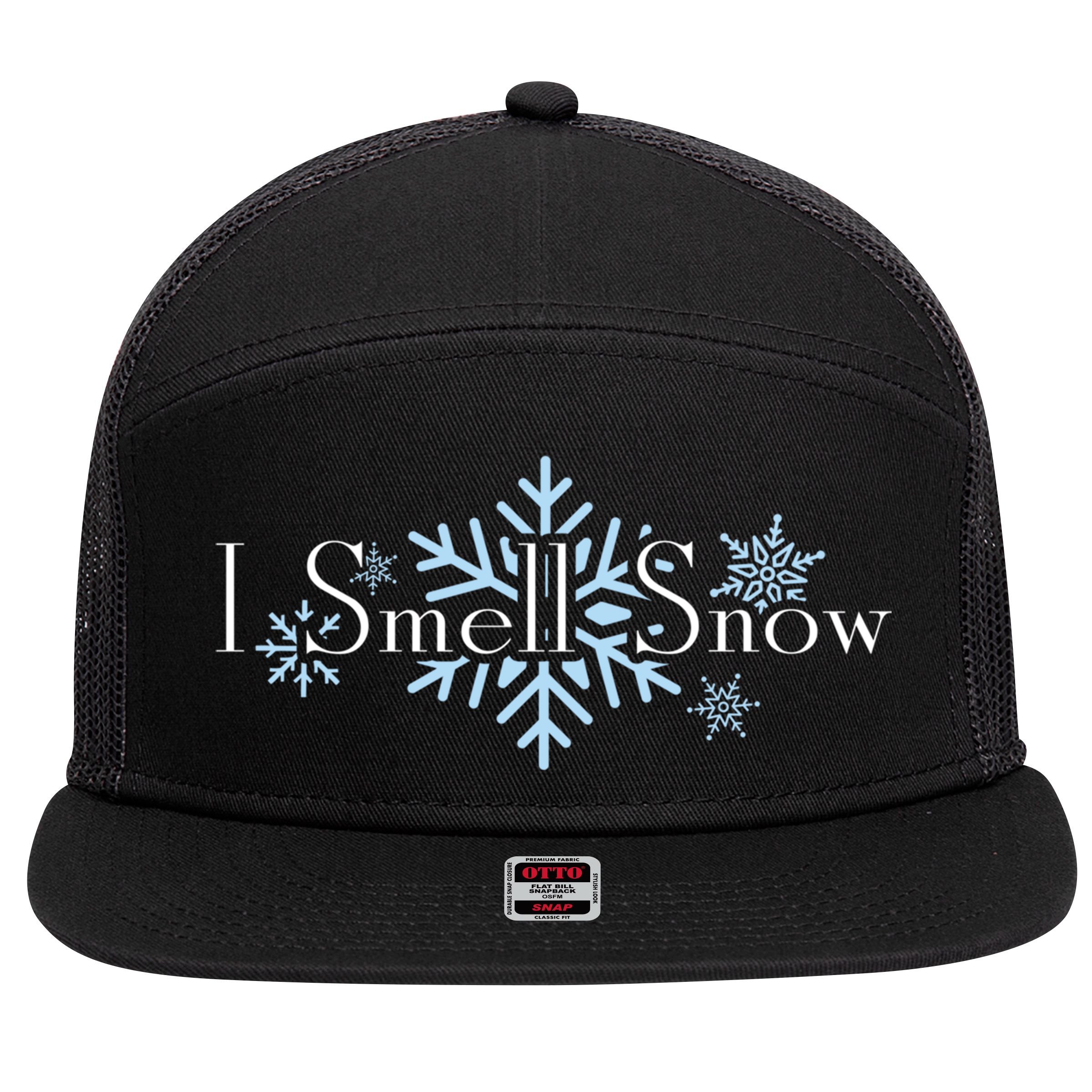 I Smell Snow Winter Christmas Holiday Snowflake 7 Panel Mesh Trucker Snapback Hat