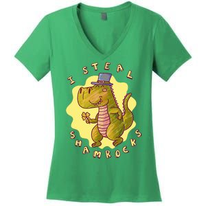 I Steal Shamrocks Dinosaur Women's V-Neck T-Shirt