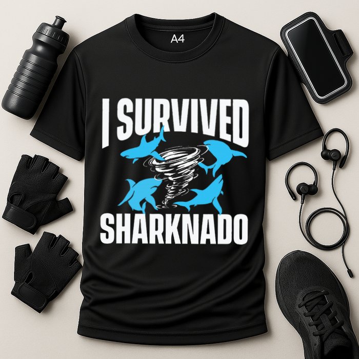 I Survived Sharknado Shark Lover Marine Biologist Ocean Cooling Performance Crew T-Shirt