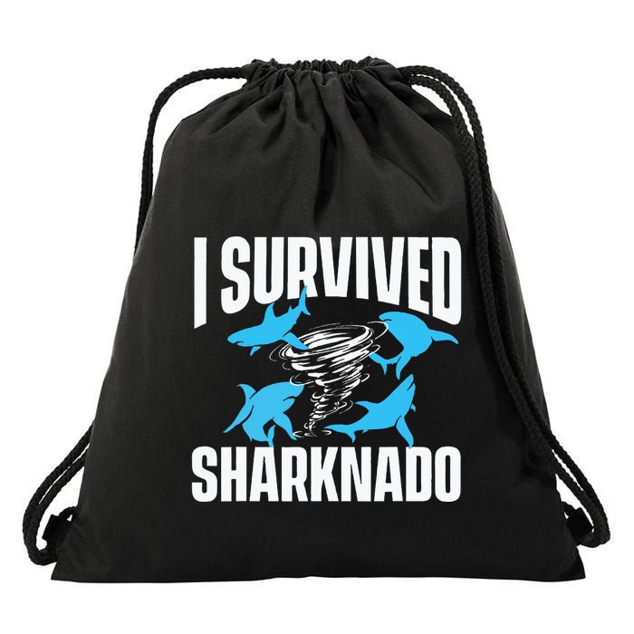 I Survived Sharknado Shark Lover Marine Biologist Ocean Drawstring Bag