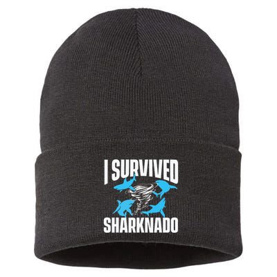 I Survived Sharknado Shark Lover Marine Biologist Ocean Sustainable Knit Beanie