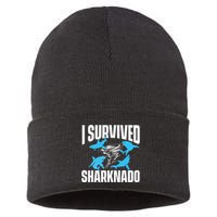 I Survived Sharknado Shark Lover Marine Biologist Ocean Sustainable Knit Beanie