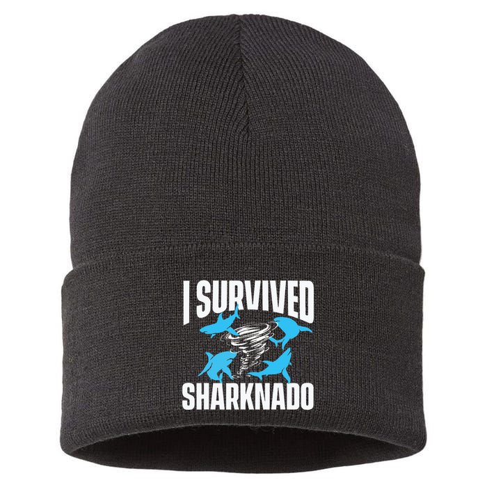 I Survived Sharknado Shark Lover Marine Biologist Ocean Sustainable Knit Beanie