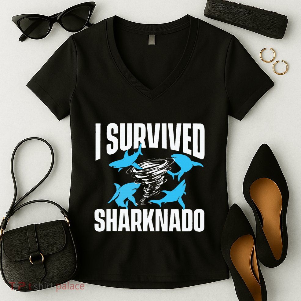 I Survived Sharknado Shark Lover Marine Biologist Ocean Women's V-Neck T-Shirt