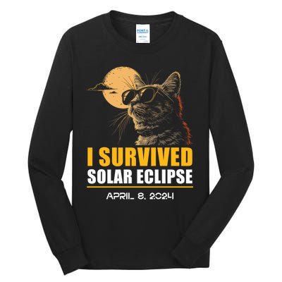 I Survived Solar Eclipse April 8 2024 Totality Funny Cat Tall Long Sleeve T-Shirt