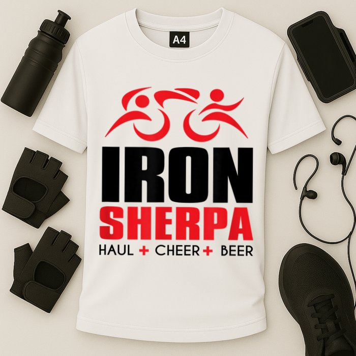 IRON SHERPA Sherpa Triathlon Triathlete Haul Cheer Beer Cooling Performance Crew T-Shirt