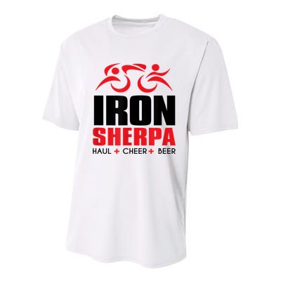 IRON SHERPA Sherpa Triathlon Triathlete Haul Cheer Beer Youth Performance Sprint T-Shirt