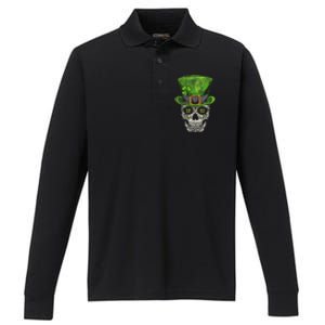 Irish Skull St Patricks Day Funny shamrock Performance Long Sleeve Polo