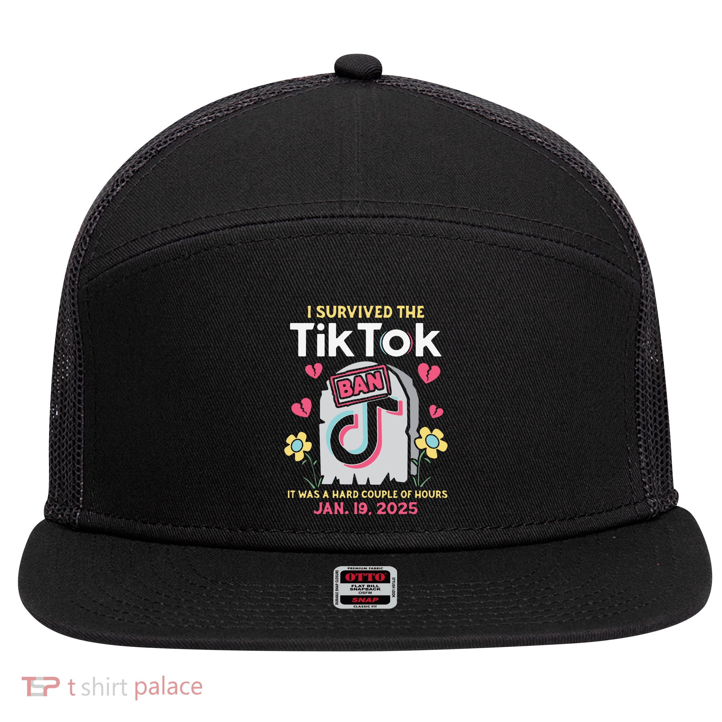 I Survived The Tiktok Ban 7 Panel Mesh Trucker Snapback Hat