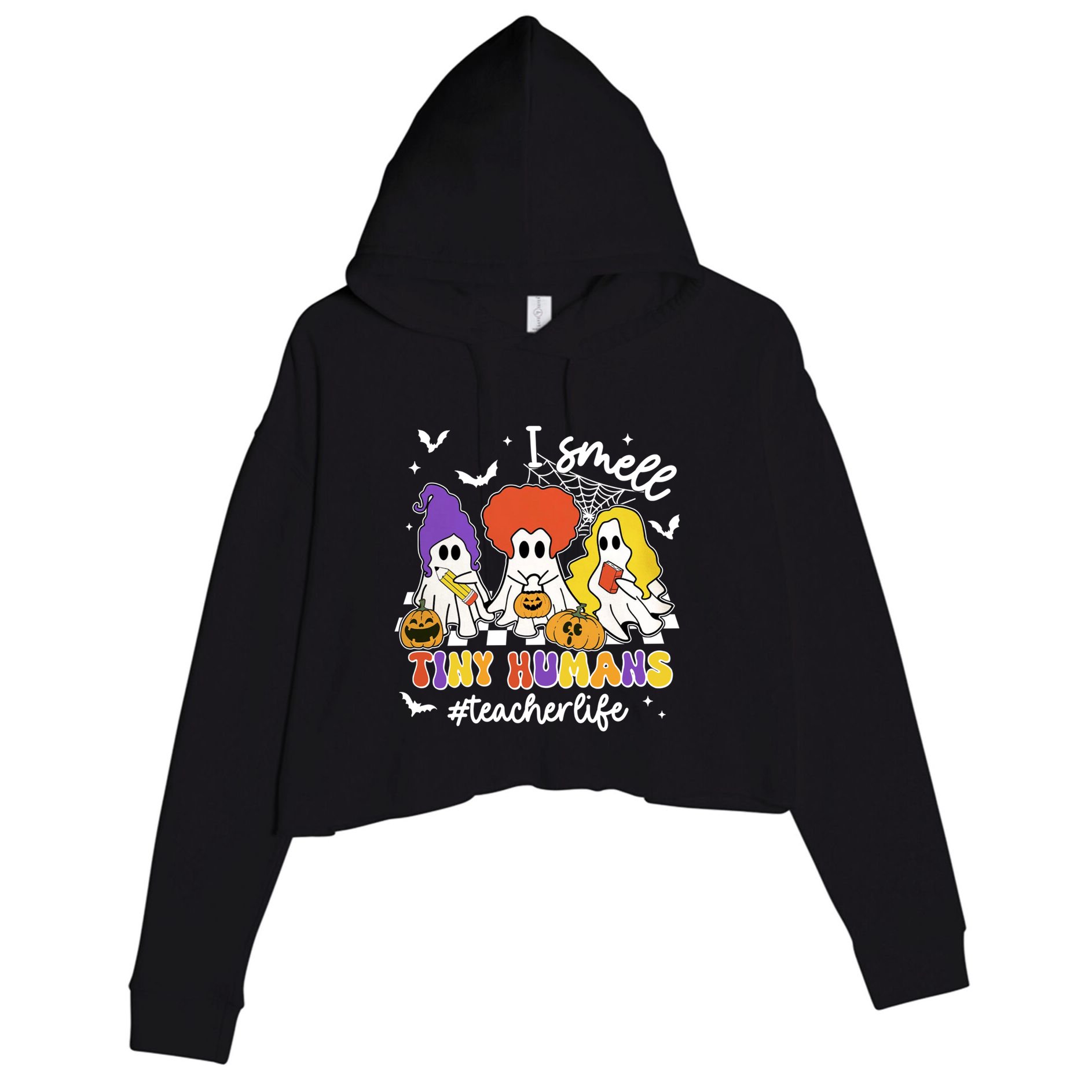 I Smell Tiny Hu Retro Teacher Halloween Spooky Teacher Cool Gift Crop Fleece Hoodie