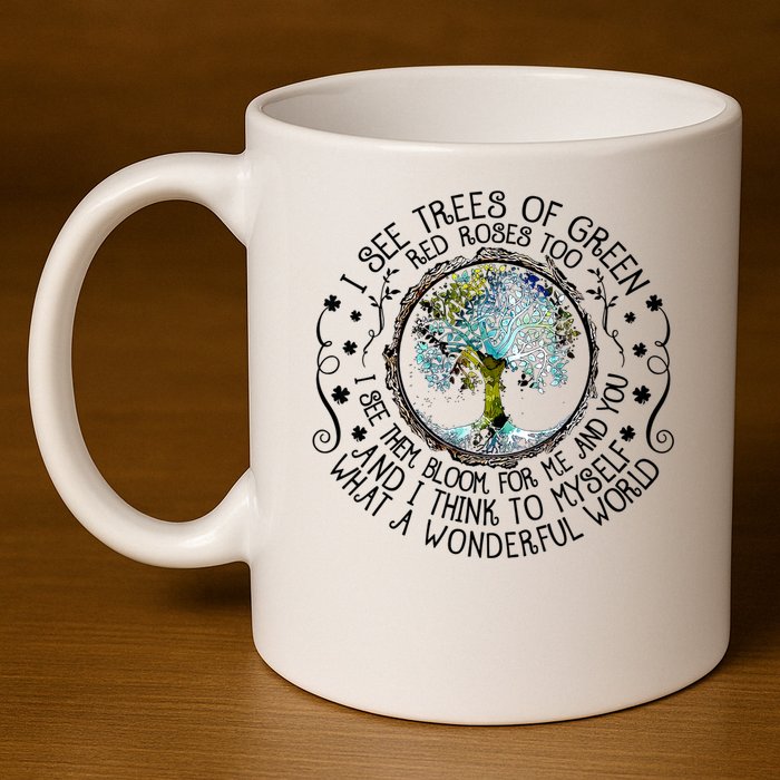 I See Trees Of Green Red Roses Too What A Wonderful World 11oz C Handle Ceramic Mug