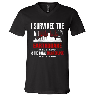 I Survived The Nj Earthquake And The Total Solar Eclipse V-Neck T-Shirt