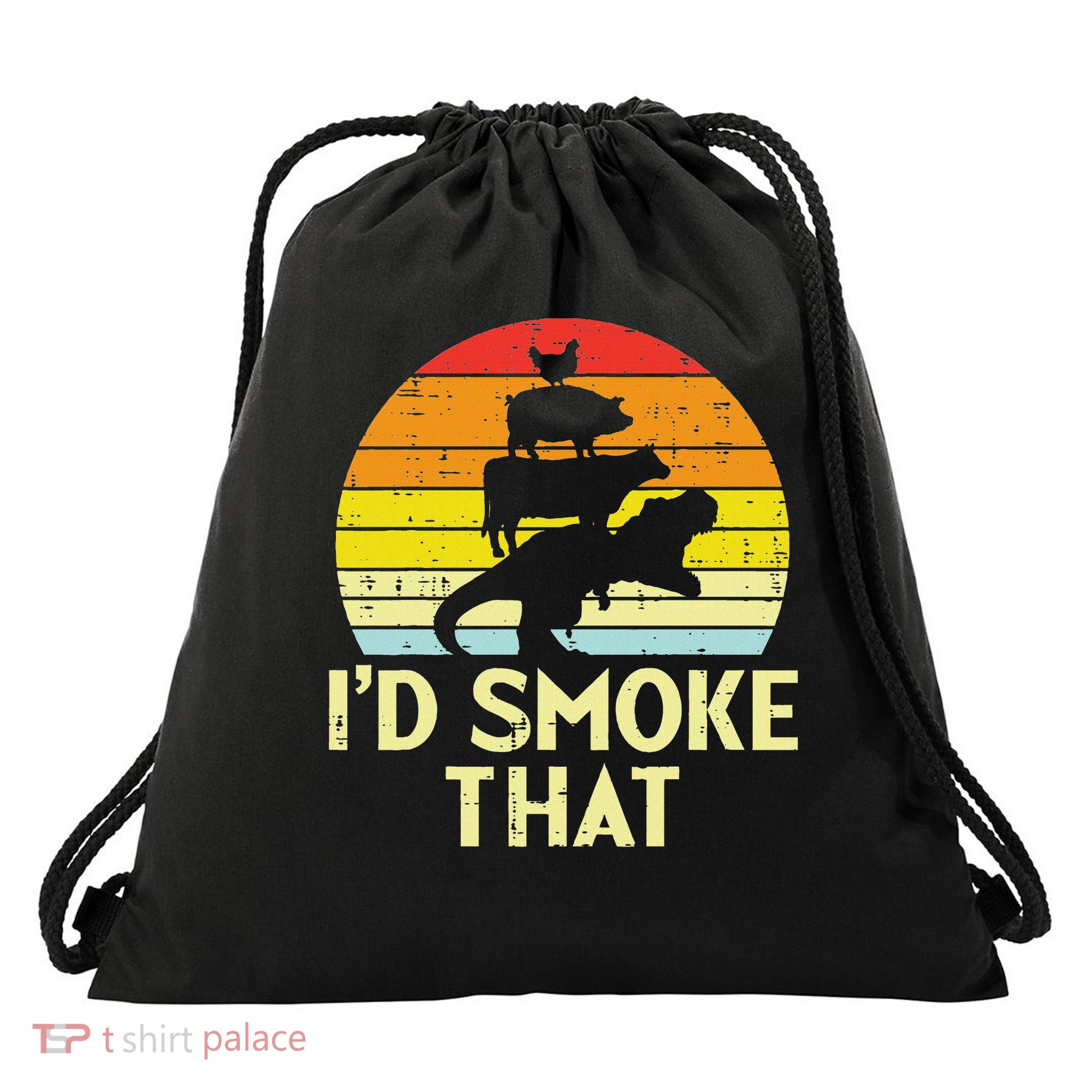 Id Smoke That Chicken Pork Beef Trex Retro Dinosaur Bbq Drawstring Bag