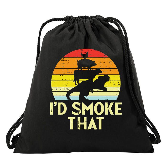 Id Smoke That Chicken Pork Beef Trex Retro Dinosaur Bbq Drawstring Bag
