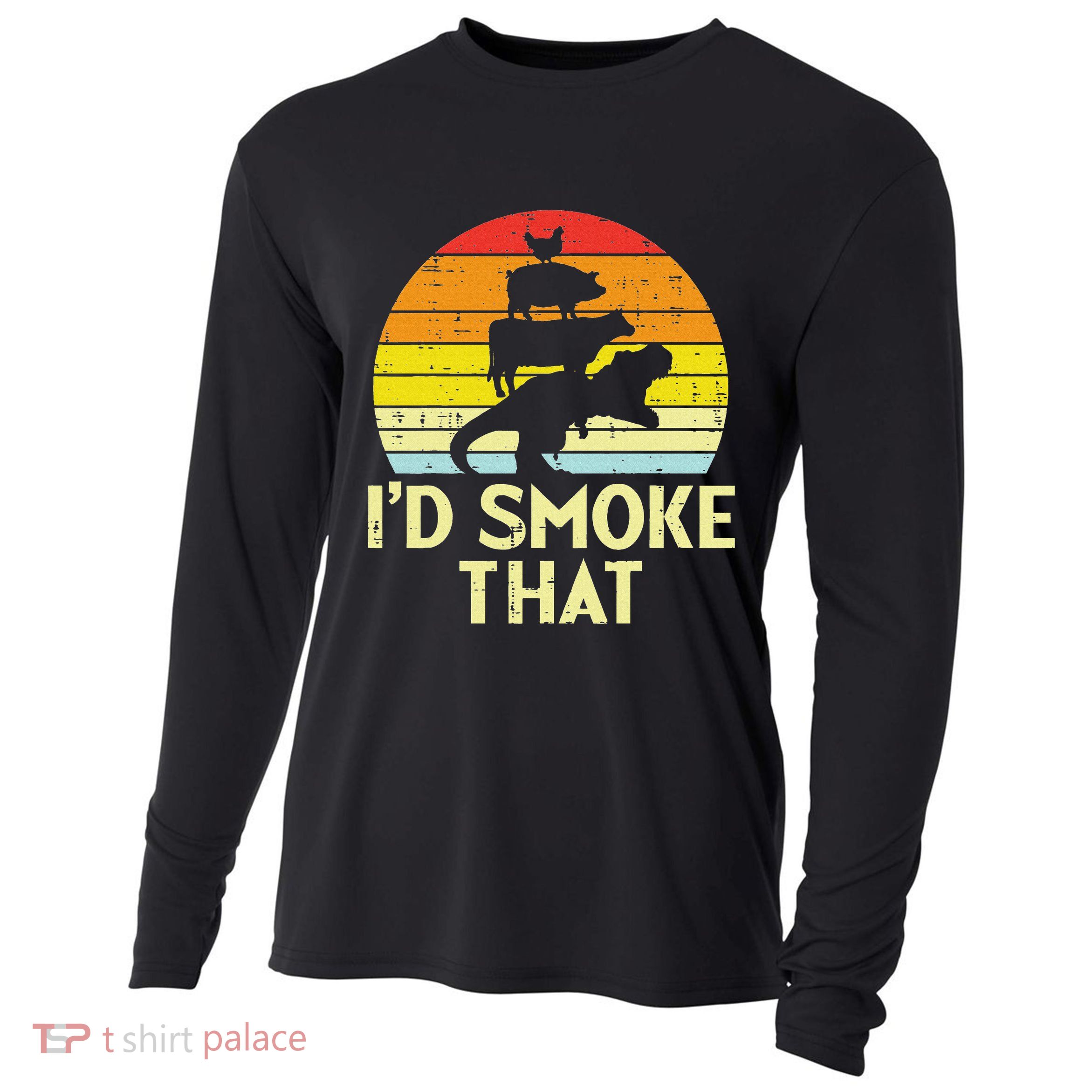 Id Smoke That Chicken Pork Beef Trex Retro Dinosaur Bbq Cooling Performance Long Sleeve Crew