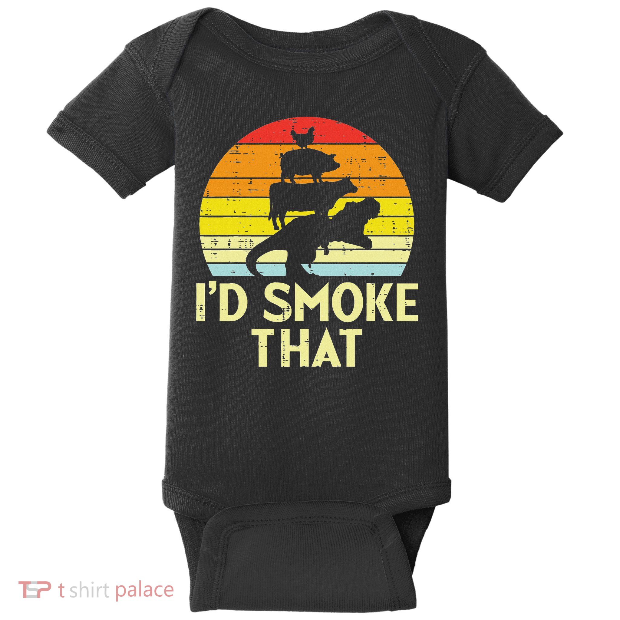 Id Smoke That Chicken Pork Beef Trex Retro Dinosaur Bbq Baby Bodysuit