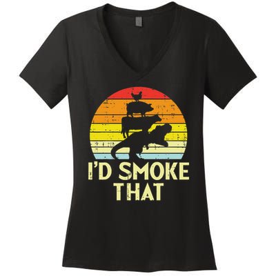 Id Smoke That Chicken Pork Beef Trex Retro Dinosaur Bbq Women's V-Neck T-Shirt