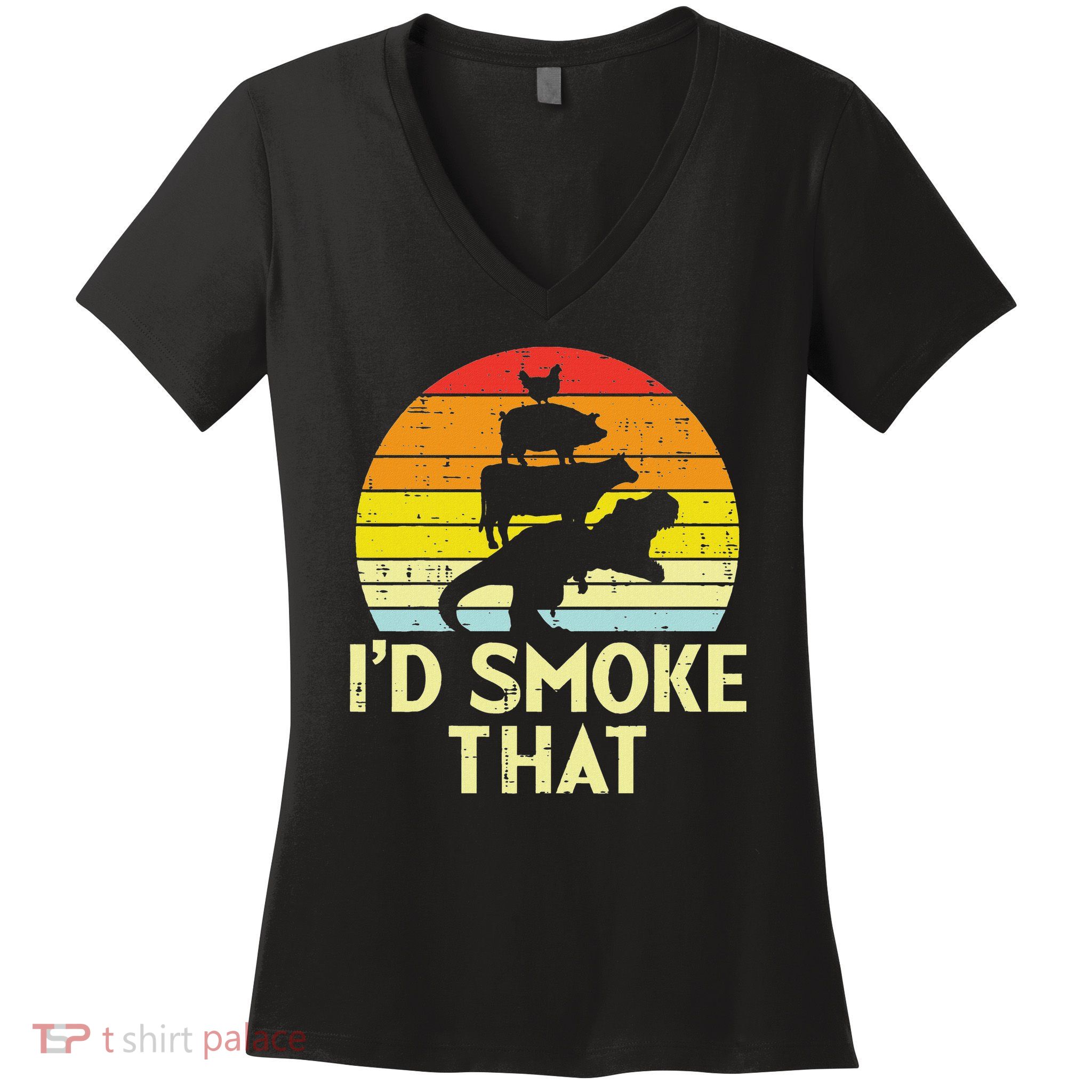 Id Smoke That Chicken Pork Beef Trex Retro Dinosaur Bbq Women's V-Neck T-Shirt