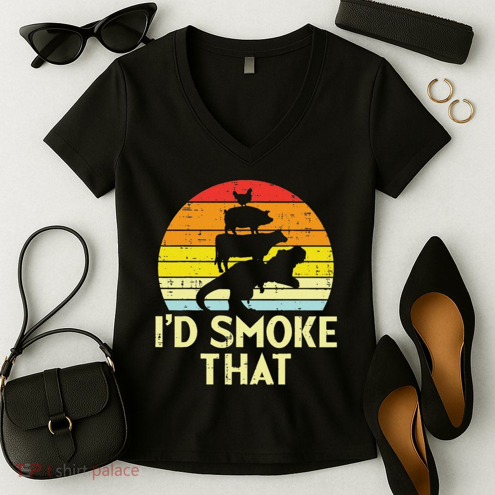 Id Smoke That Chicken Pork Beef Trex Retro Dinosaur Bbq Women's V-Neck T-Shirt