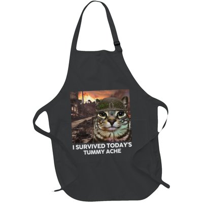I Survived TodayS Tummy Ache Funny Cat Meme Full-Length Apron With Pockets