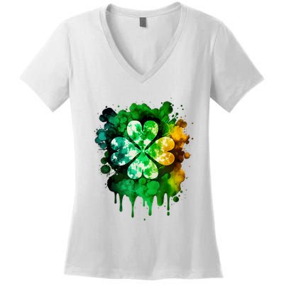 Irish Shamrock Tie Dye Happy St PatrickS Day Go Lucky Women's V-Neck T-Shirt