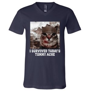 I Survived TodayS Tummy Ache Groovy Funny Cat V-Neck T-Shirt