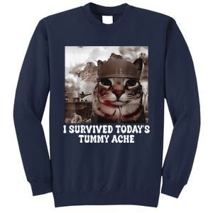 I Survived TodayS Tummy Ache Groovy Funny Cat Tall Sweatshirt