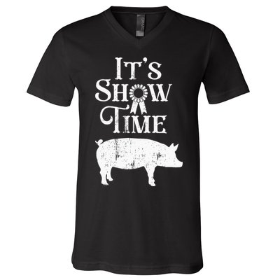 It's Show Time Swine Show Pig Lover County Fair Gift Lt V-Neck T-Shirt