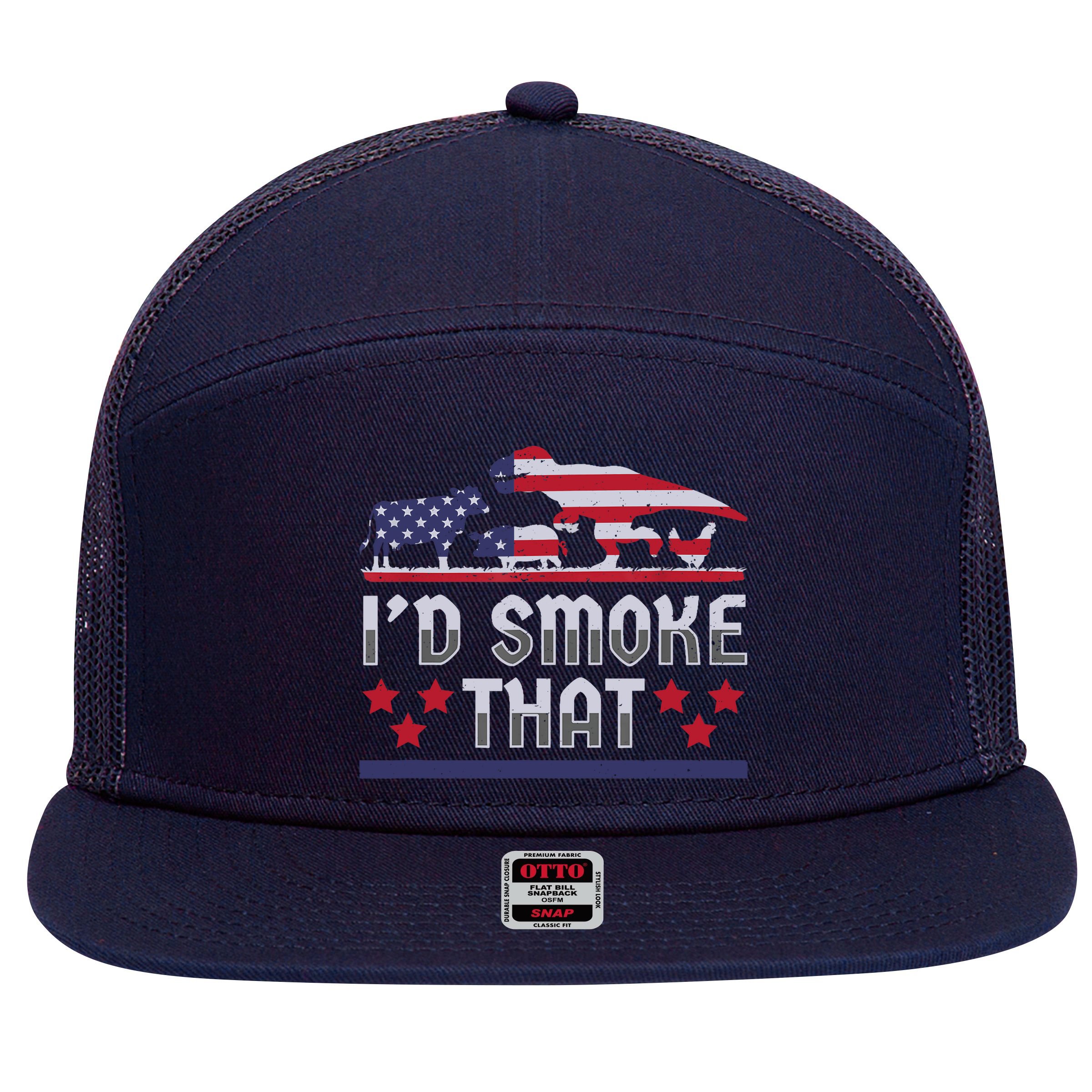 I'd Smoke That BBQ Barbeque Patriot Dinosaur T-Rexs 7 Panel Mesh Trucker Snapback Hat