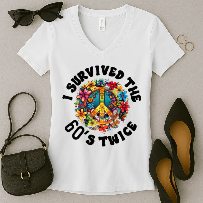 I Survived The 60s Sixties Twice 70th Birthday 60th Funny Women's V-Neck T-Shirt