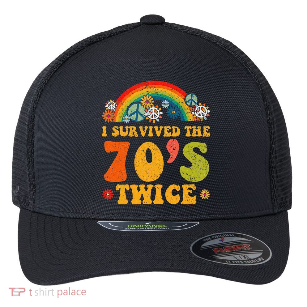 I Survived the 70s Twice Funny 90th Birthday Retro Flexfit Unipanel Trucker Cap