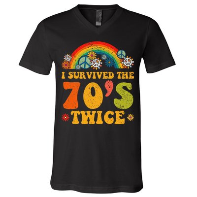 I Survived the 70s Twice Funny 90th Birthday Retro V-Neck T-Shirt