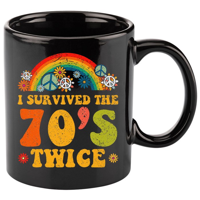 I Survived the 70s Twice Funny 90th Birthday Retro 11oz C Handle Ceramic Mug