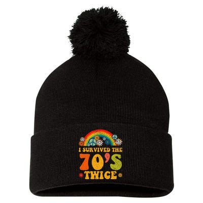 I Survived the 70s Twice Funny 90th Birthday Retro Pom Pom 12in Knit Beanie