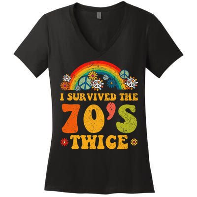 I Survived the 70s Twice Funny 90th Birthday Retro Women's V-Neck T-Shirt